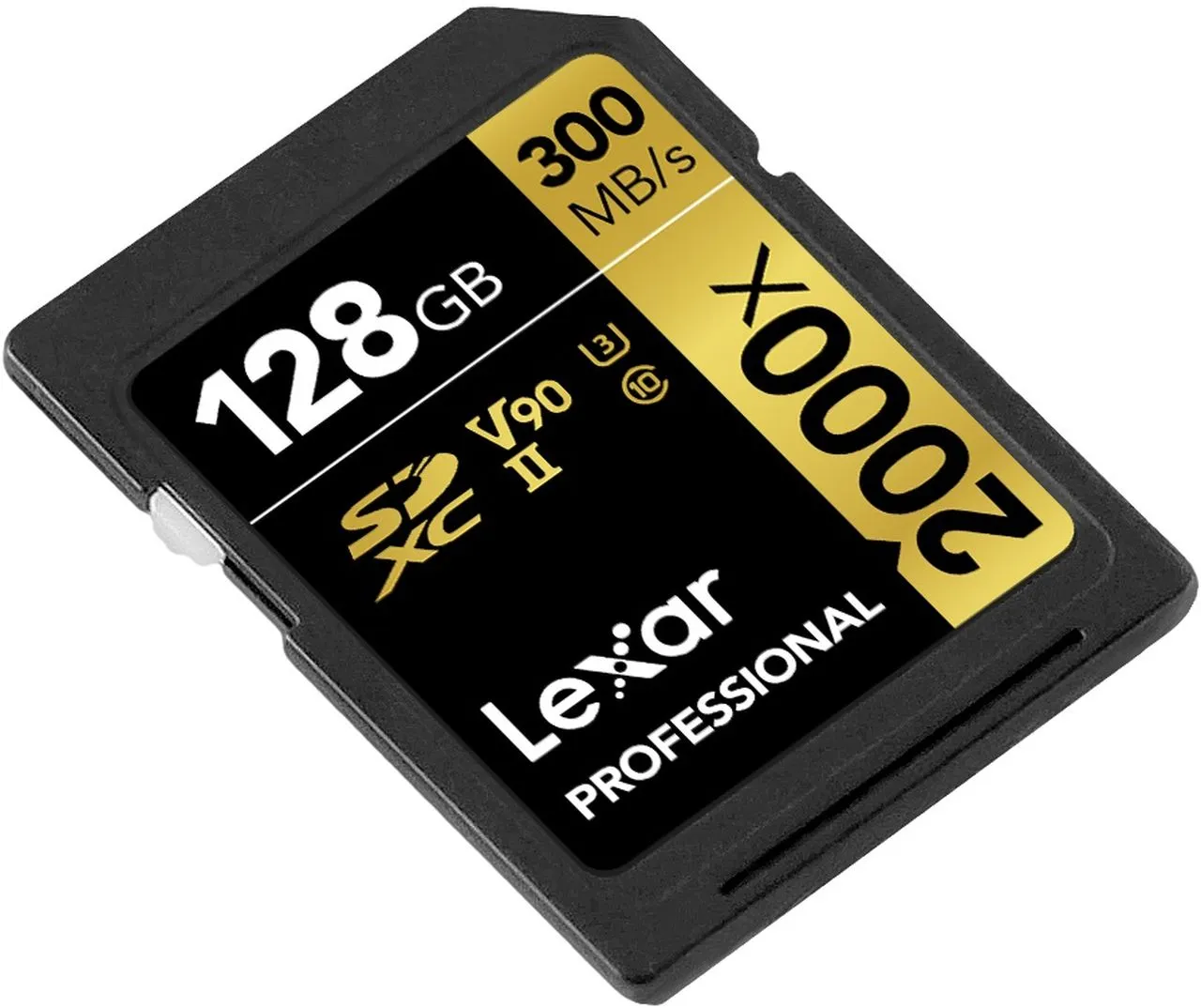 Carte mémoire SD Lexar Professional SDXC de 128 Go avec une vitesse de transfert allant jusqu'à 300 Mo/s, format standard pour appareils photo et caméras.
