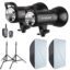 Kit de deux éclairages Godox SK400 avec trépieds et diffuseurs, comprenant des télécommandes pour un contrôle à distance.