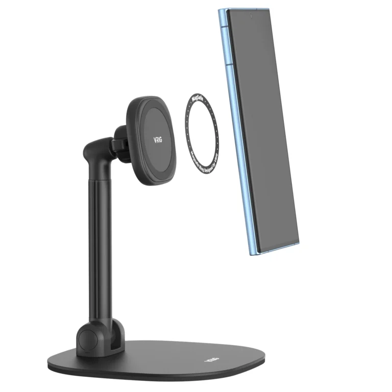 Support de téléphone mobile avec une base noire et un bras ajustable, tenant un smartphone en position verticale.