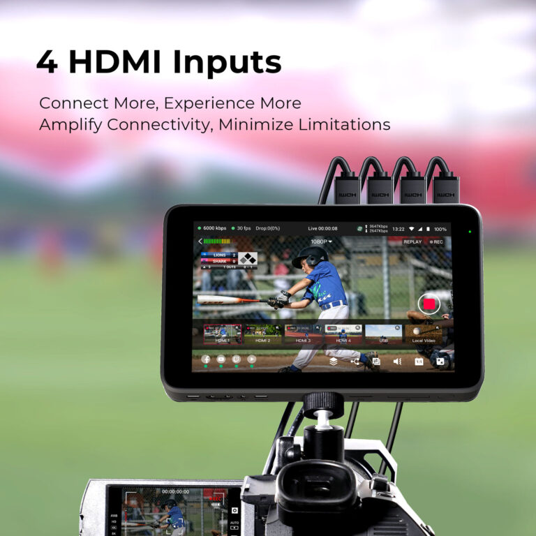 Écran de contrôle avec quatre entrées HDMI, affichant une interface de diffusion en direct avec des options de connexion.